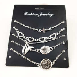 时尚欧美沙滩风贝壳架镂空爱心海螺鱼尾圆球手链五套装女批发