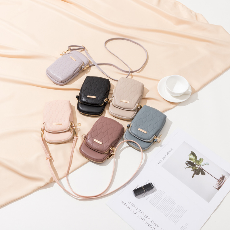 Bolso del teléfono móvil de las mujeres de estilo Japonés y Coreano DE LA PU de superficie suave de la Tela Escocesa cremallera vertical oreja línea agujero del hombro bolsa de mensajero de gran capacidad bolsa de mensajero