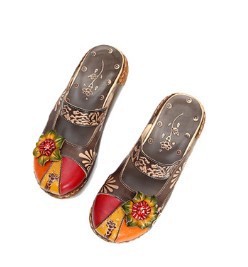 Zapatos transfronteriza explosión 2024 verano nuevas zapatillas de piel de vaca flores de estilo nacional hecho a mano fondo grueso 0933-31