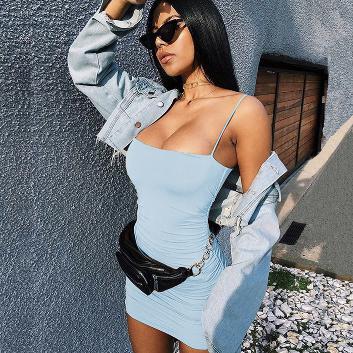 Hot-Selling Cross-Border Women's Fashion European And American Summer Sexy Strap Ruched Bodycon Nightclub Dress_ecoleips.com