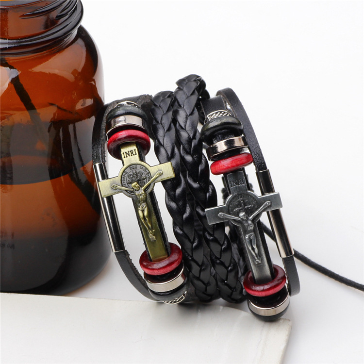 Foreign Trade Hot-Selling Religious Alloy Cross Leather Bracelet, Handmade Wax Thread Weaving, Bulk Wholesale at Discounted Prices