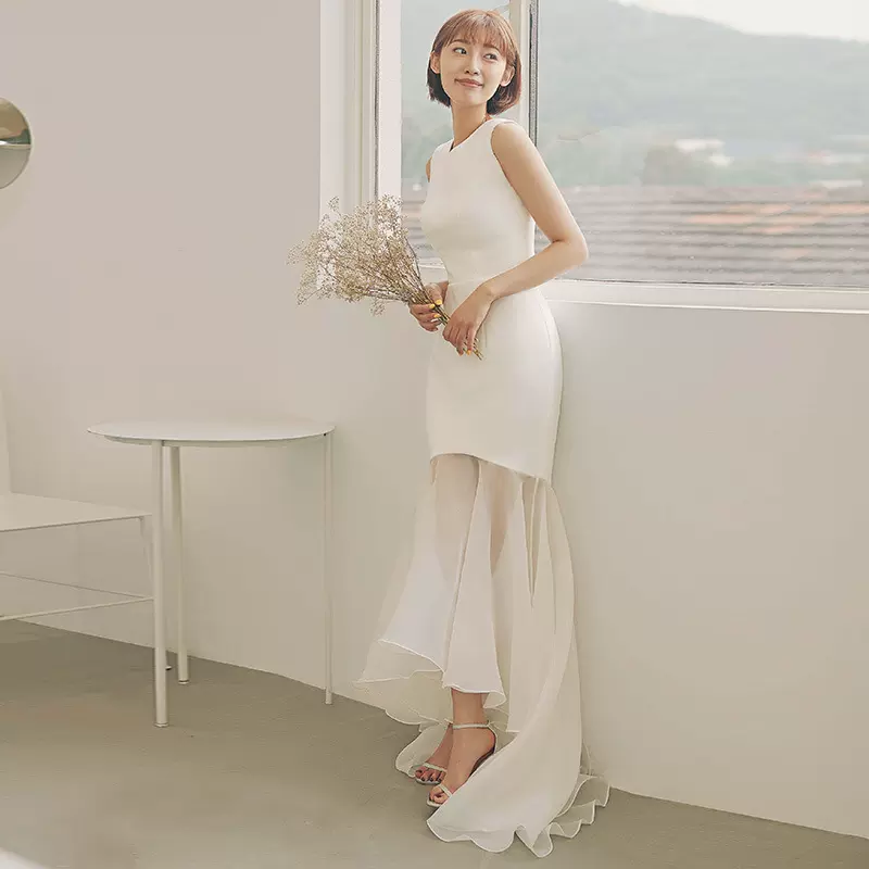 旅拍轻婚纱2026白色气质优雅修身宴会聚会主持长款晚礼服裙女轻奢