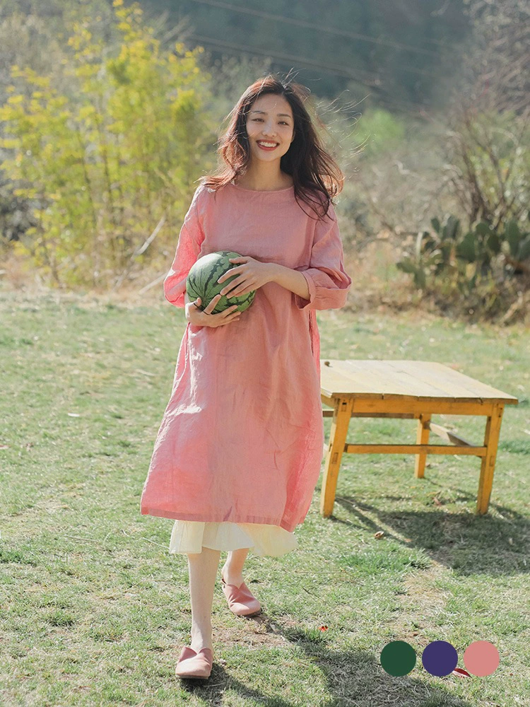 Женское льняное платье с круглым вырезом и рукавом из семи точек, художественное свободное дорожное платье средней длины с высокой талией, новинка 2020