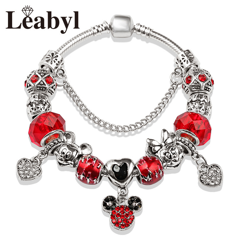 Foreign Trade Wholesale Disney Mickey and Minnie Bracelets Red Crystal Beaded Bracelets Disney Mickey Mouse Pendants