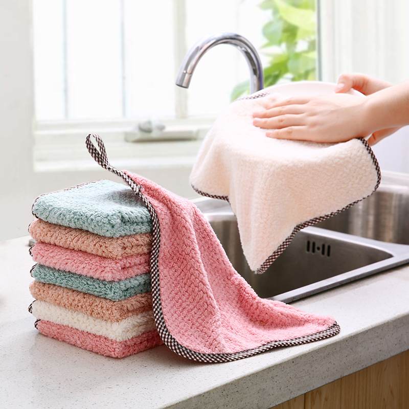 现货可挂式珊瑚绒抹布 厨房菠萝纹不掉毛吸水擦手巾素色洗碗布