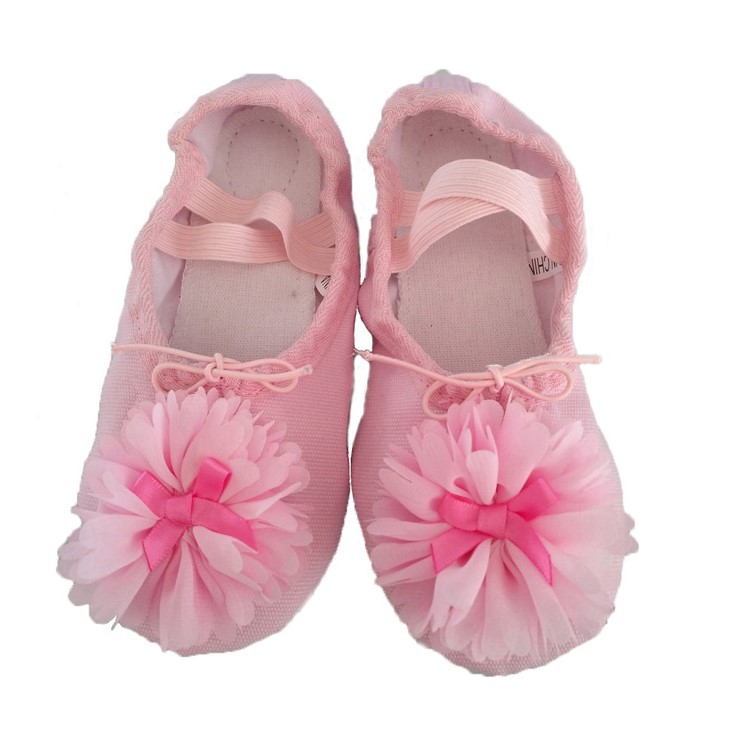 Pink double warp and weft big flower dance shoes pink flower rose red bow cotton fabric children ballet shoes for women
