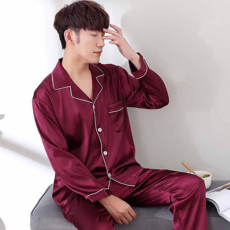 Primavera y otoño nuevo pijama de seda hombre manga larga set de seda coreana de tamaño grande ropa casera delgada