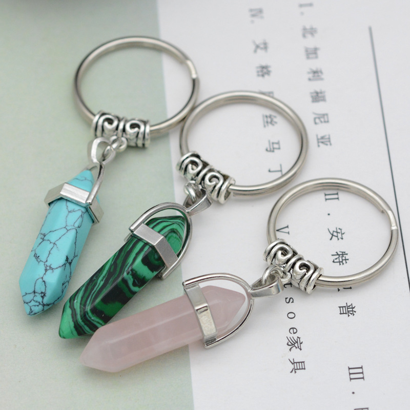 天然石水晶柱六角柱钥匙圈钥匙扣挂件赠品厂家批发天然石钥匙扣