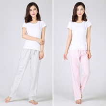 睡裤女士春夏季外贸出口纯棉色织长裤休闲条纹加大宽松舒适家居裤