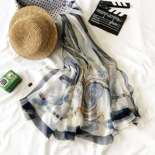 New sun protection silk scarf for women, summer ice silk and soft yarn printed silk scarf, large shawl, seaside beach towel