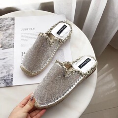 包頭鞋女2024新款夏季韓版百搭水鑽拖鞋平底漁夫穆勒一腳蹬懶人鞋