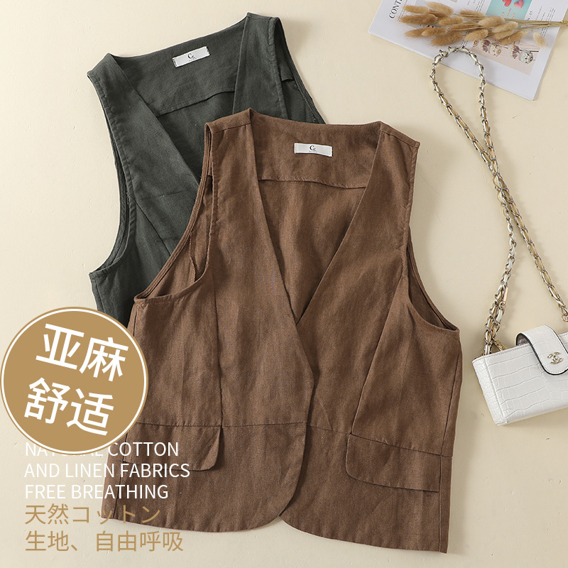 2019春秋季短款百搭女西装坎肩背心亚麻修身显瘦无袖麻棉马甲女