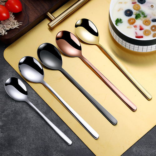 304 Long Handle Korean Style Spoon Household Ladle Creative Titanium Plated Long Soup Ladle Stirring Spoon Dessert Coffee Gift Spoon