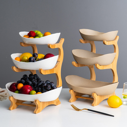 Creative three-layer multi-layer fruit tray European ceramic snack tray bamboo wood stand household sushi tray direct selling fruit basket