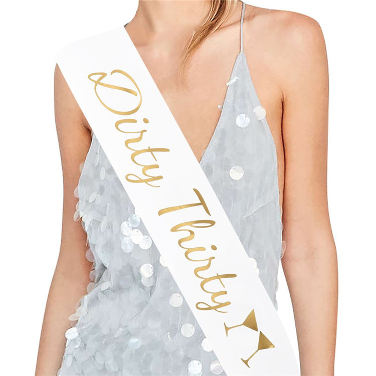 Nueva sola capa de satén blanco etiqueta con oro Dirth treinta fuente vino cumpleaños Correa hombro