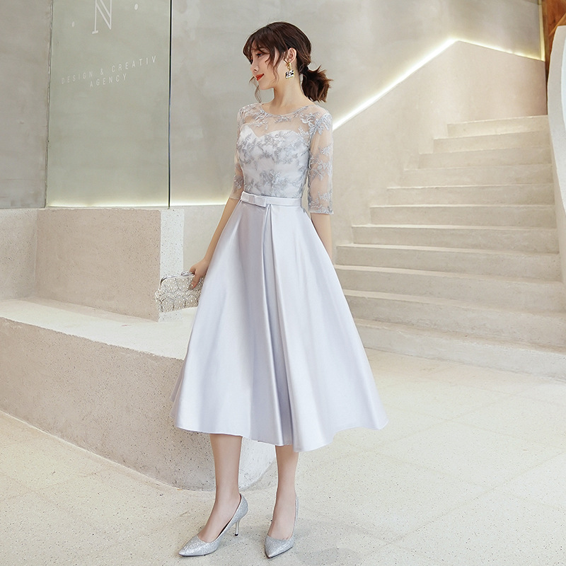 Vestido de dama de honor gris para mujer, nuevo modelo 2025, vestido de otoño para damas de honor, vestido de hermana, vestido de longitud media para banquete de boda, vestido de noche