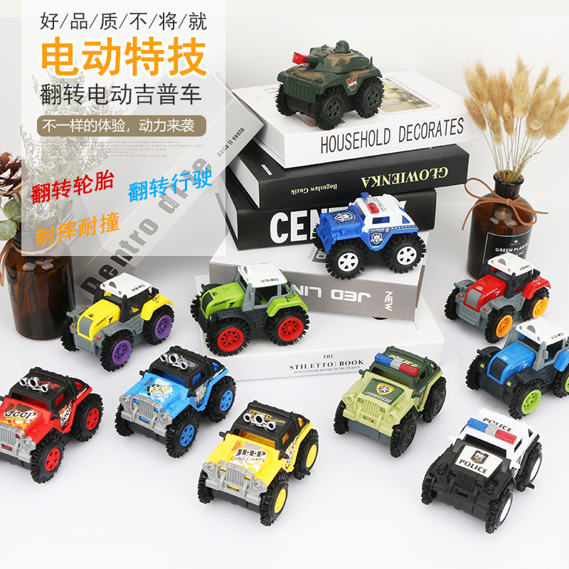 Exportaciones transfronterizas de dibujos animados camión volquete eléctrico niños jugando coche de acrobacias volteo Jeep granjero coche de policía coche de juguete
