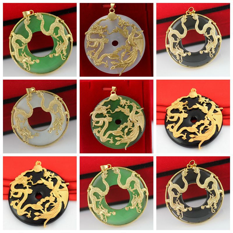 Yiwu gold inlaid jade pendant Double Dragon play bead black Jue stone pendant this life year Cat's Eye Stone sweater chain gold pendant
