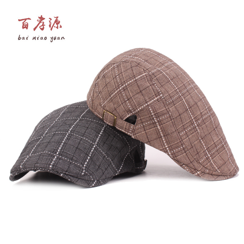 Casquillo enarbolado boina de los hombres Plaid retro sombrero artístico juvenil sombrero delantero sombrero de viaje de mediana edad