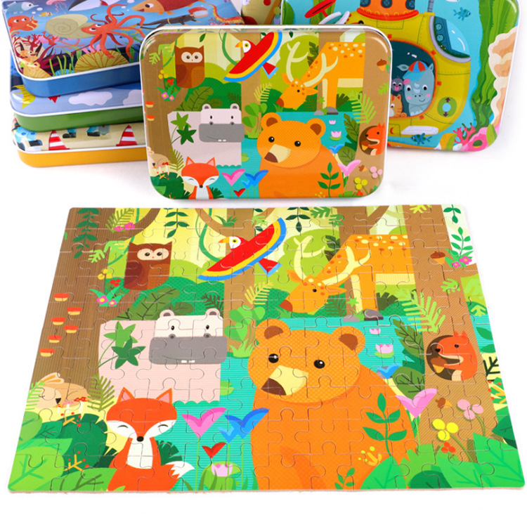 Rompecabezas de dibujos animados de Historia de educación temprana para niños de 3 a 6 años de edad 120 piezas de caja de hierro creativo pintado a mano