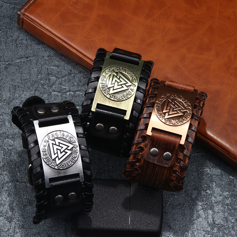 2PCS Nordic Viking Totem Leather Personalized Fashion Style Luen Triangle Letter Cowhide Bracelet_voghion.com