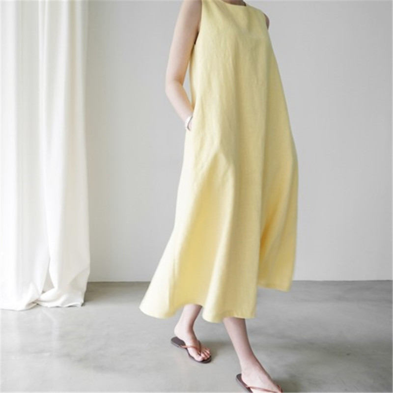 564 South Korea Cotton Linen dress Women's 2025 Summer Loose Slim Long Sleeveless Over-the-knee Linen Vase Dress