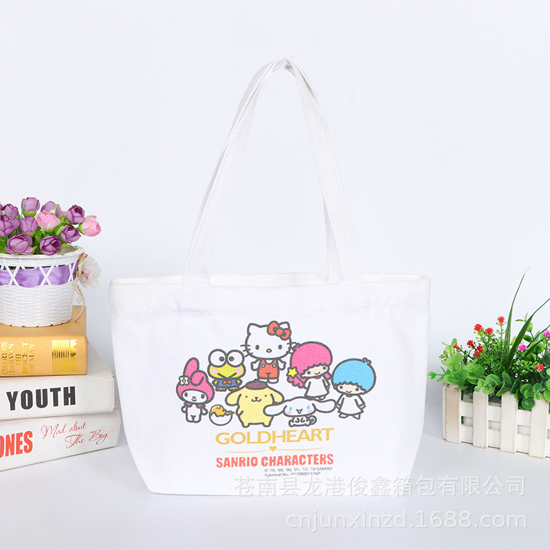Fabricante de bolsas de lona estampadas con dibujos animados, venta al por mayor de bolsos de hombro literarios para mujer, bolso de algodón simple para estudiantes, bolsa de almacenamiento portátil.