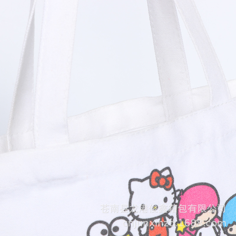 Fabricante de bolsas de lona estampadas con dibujos animados, venta al por mayor de bolsos de hombro literarios para mujer, bolso de algodón simple para estudiantes, bolsa de almacenamiento portátil.
