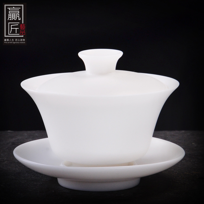 Winning artesan Dehua porcelana blanca cubierta a mano kung fu tazón de té neumático delgado tres talentos cubierto tazón de té conjunto de tazón de té brindis taza de té