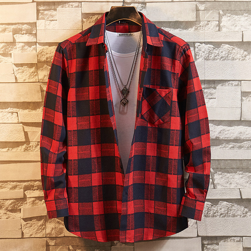 New Brushed Polyester Plaid Casual Long-Sleeved Shirt Men's Casual Flannel Shirt Men's Shirt