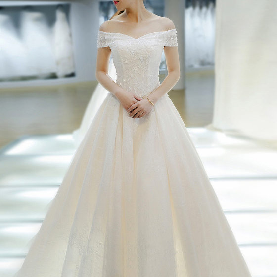 Light main wedding dress 2024 new bridal wedding trailing Mori slimming simple off-shoulder floor-length wedding dress for women