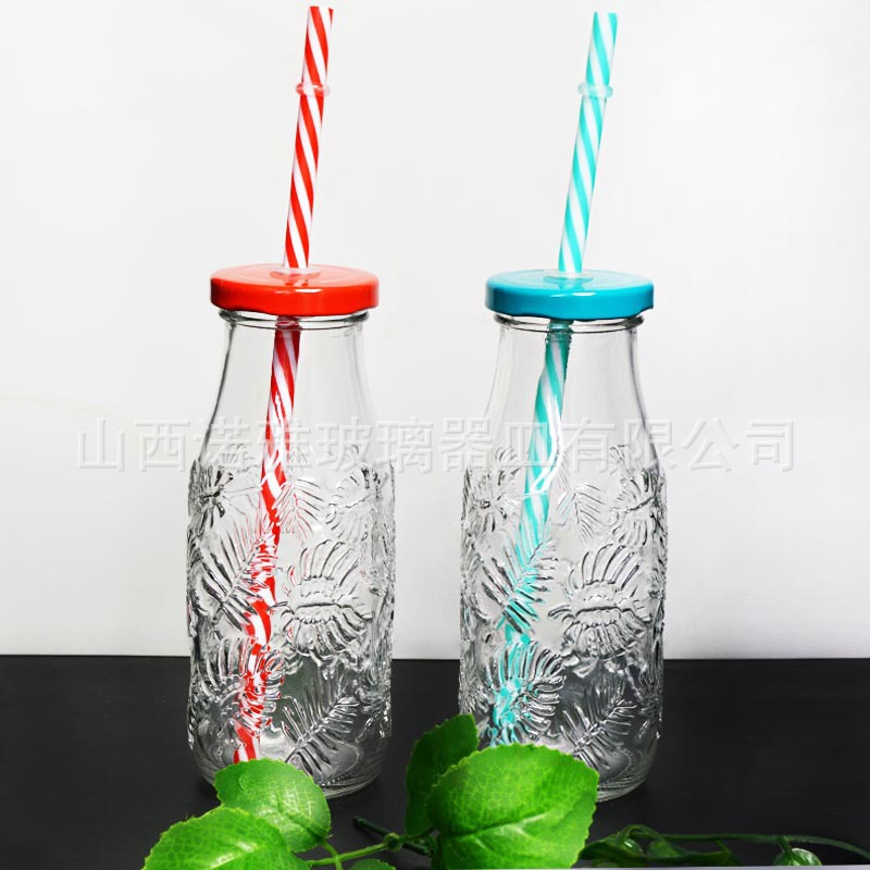 带盖吸管便携牛奶瓶 方形浮雕饮料玻璃瓶 家用儿童学生酸奶玻璃杯