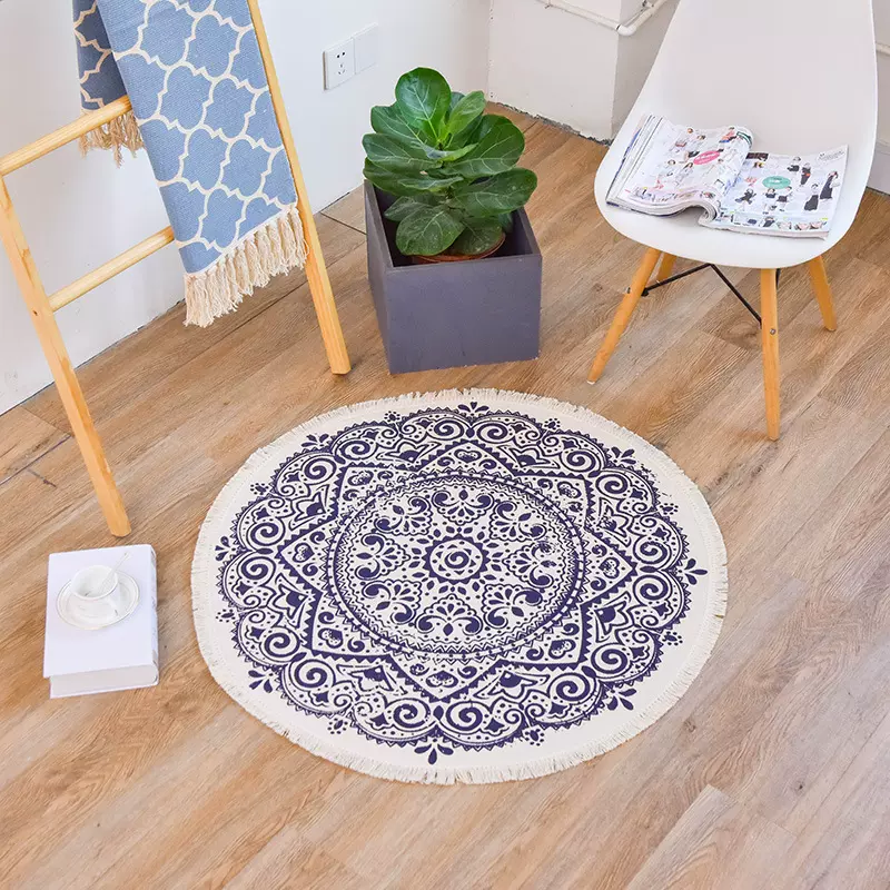 织秀圆形棉线编织家用地垫客厅卧室床边地毯北欧简约百搭地垫