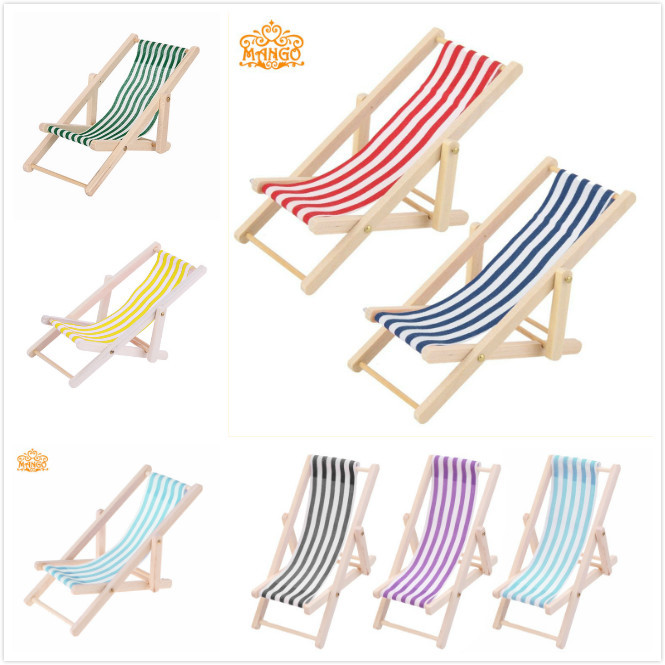1:12 Dollhouse mini muebles modelo terminado a rayas de madera reclinable silla playa multicolor