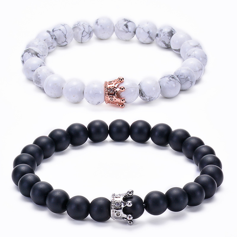 Amazon Hot Sale Natural White Turquoise Black Frosted Couple Bracelet Crown Distance Bracelet Beaded Handmade Jewelry