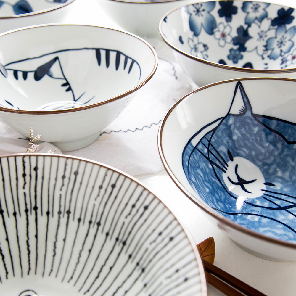 Creativo de cerámica estilo japonés bajo vidriado pintado a mano japonés vajilla gato gota de agua tazón de arroz ramen tazón salsa plato