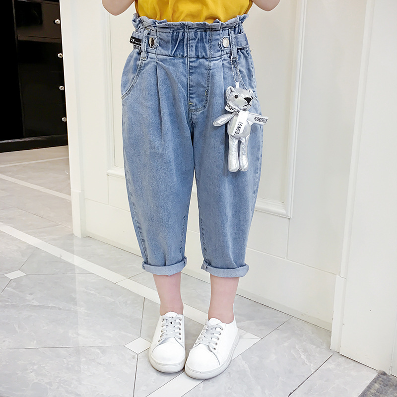 Girls' Denim Capri Pants 2026 New Summer Fashion Stylish Toddler and Big Kids' Floral Waistband Dad Pants Hot Pants