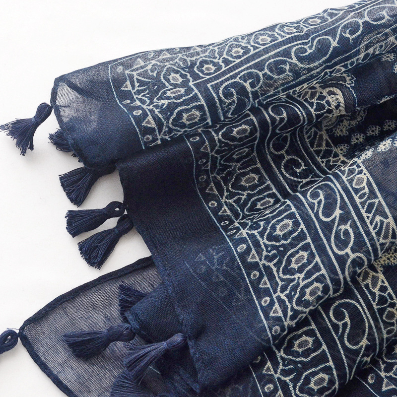 Cuatro Estaciones versátil bufanda decorativa larga mantón aire acondicionado Yunnan Tíbet Lijiang azul púrpura anacardo impreso algodón y lino bufanda