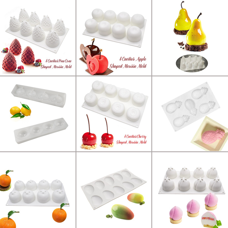 Melocotón manzana pera simulación fruta mousse pastel molde de silicona limón piña mango naranja cereza molde de postre