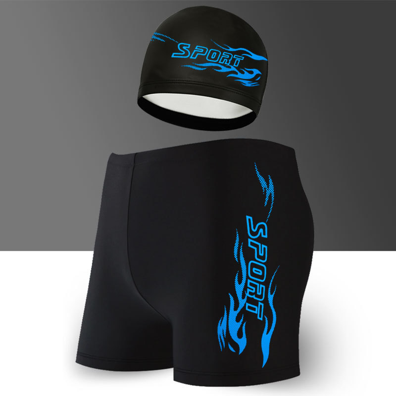 Traje de baño de los hombres + gorro de baño de tela de nylon boxeador de aguas termales Más tamaño traje de baño de moda natación llama natación troncos equipo