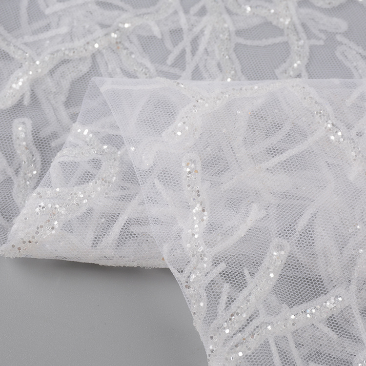 Fabricante de suministro de malla sequinilla blanco tela de árbol primavera-verano moda de mujer vestido de boda tela