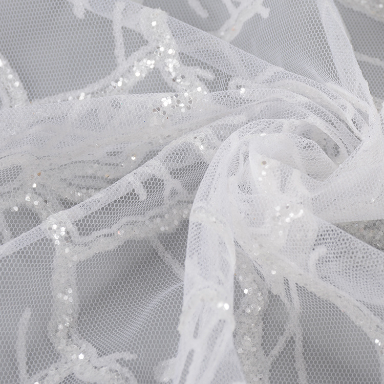 Fabricante de suministro de malla sequinilla blanco tela de árbol primavera-verano moda de mujer vestido de boda tela