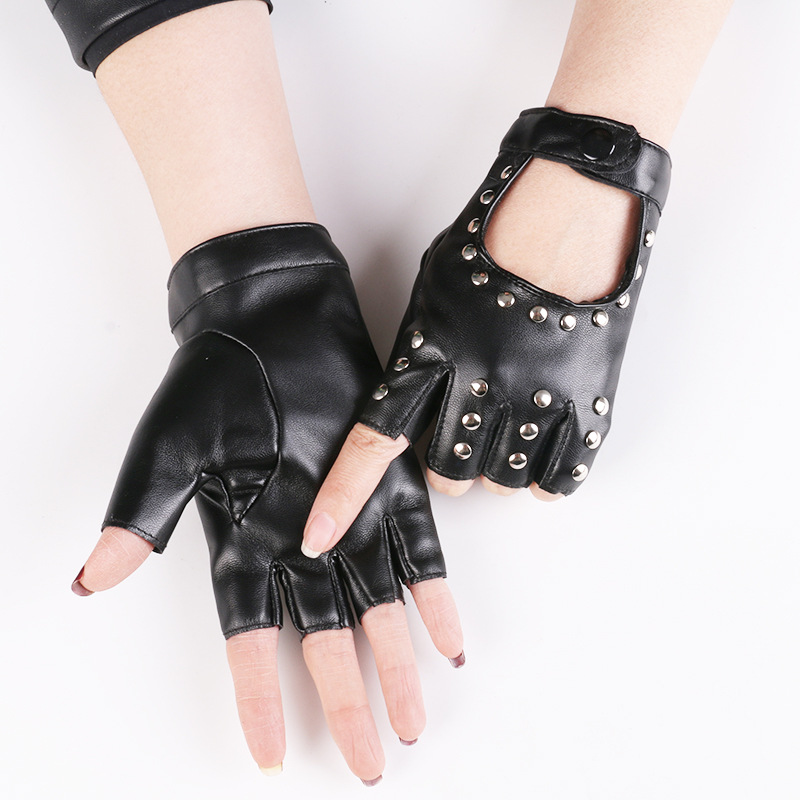 Danza de las mujeres guantes medio dedo rendimiento corto cyberpunk remache pole dance dedo abierto Hip Hop discoteca guantes de cuero
