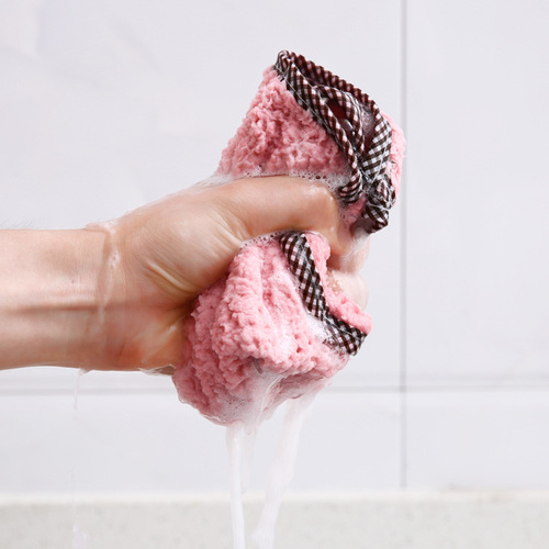 Hanging coral velvet double-sided dishcloth kitchen pineapple grid non-shedding absorbent hand towel plain color dishwashing cloth