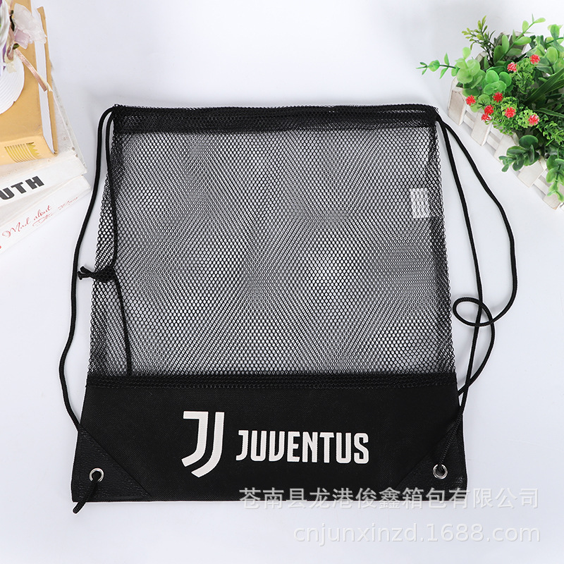 La Bolsa De gasa con cordón puede ser logotipo personalizado bolsa de fútbol con pantalla de seda Bolsa de tela Oxford de poliéster de malla ignífuga