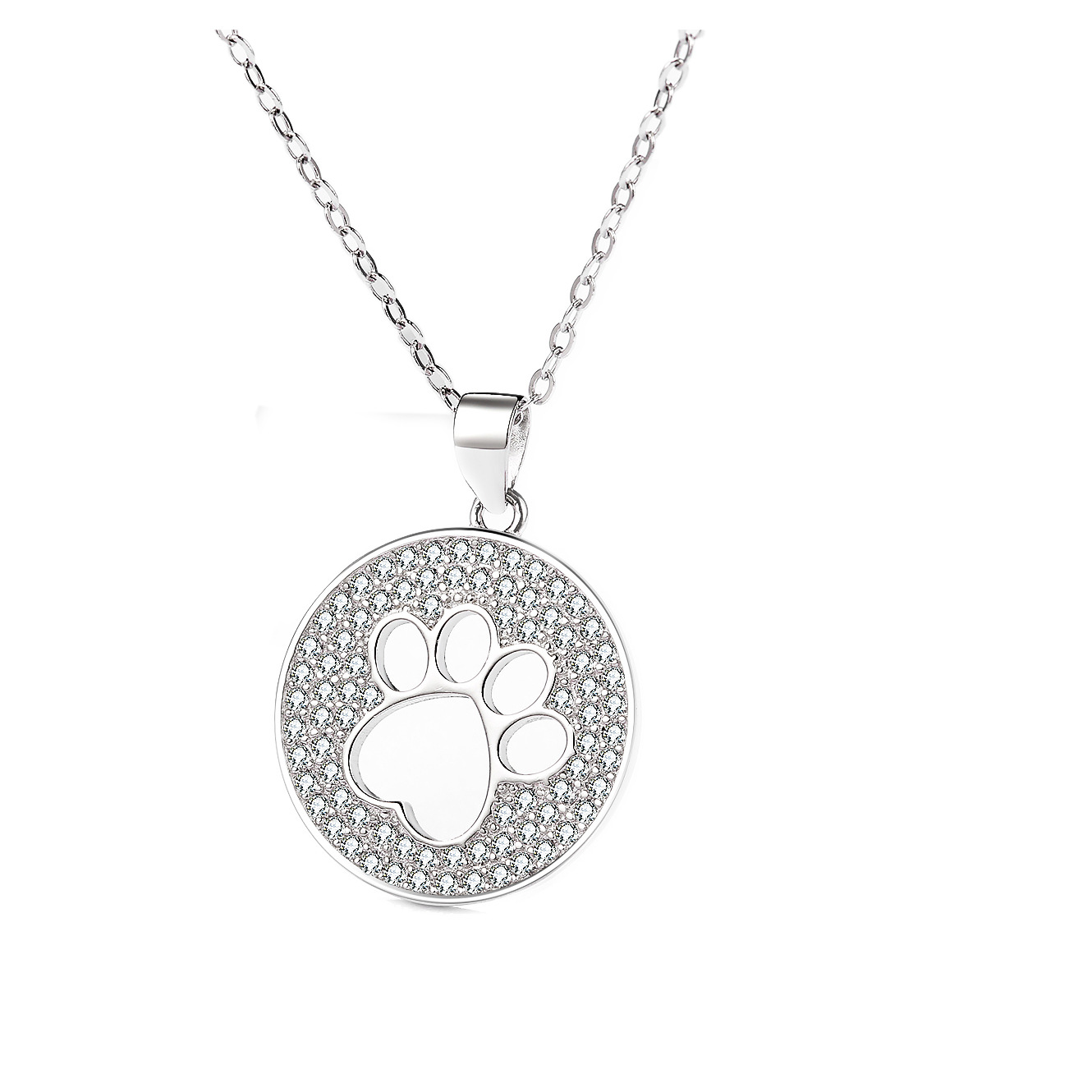 Collar con colgante de huella de gato de plata de ley S925 estilo europeo y americano para mujer, colgante hueco con huella de pata de perro con diamantes, cadena de clavícula personalizada.