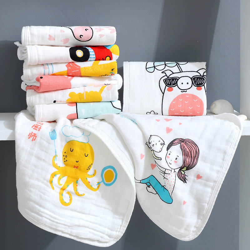 Cartoon square towel saliva towel high density six layer gauze printed towel baby hook cotton children's square towel