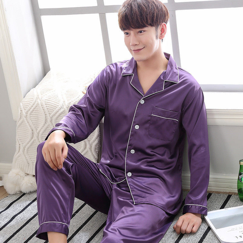 Primavera y otoño nuevo pijama de seda hombre manga larga set de seda coreana de tamaño grande ropa casera delgada