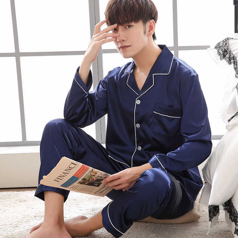 Primavera y otoño nuevo pijama de seda hombre manga larga set de seda coreana de tamaño grande ropa casera delgada