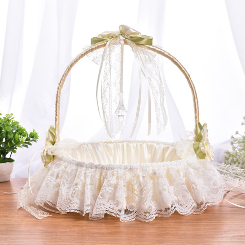 Western style wedding bamboo flower basket rhinestone lace basket flower girl portable small flower basket wedding supplies wholesale